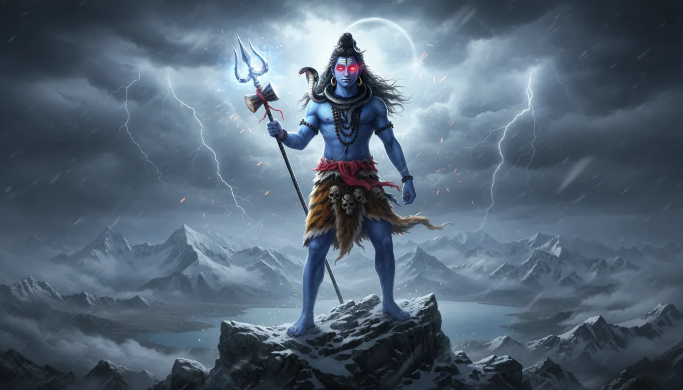 Fierce Lord Shiva standing on a snowy mountain with a glowing Trishul.