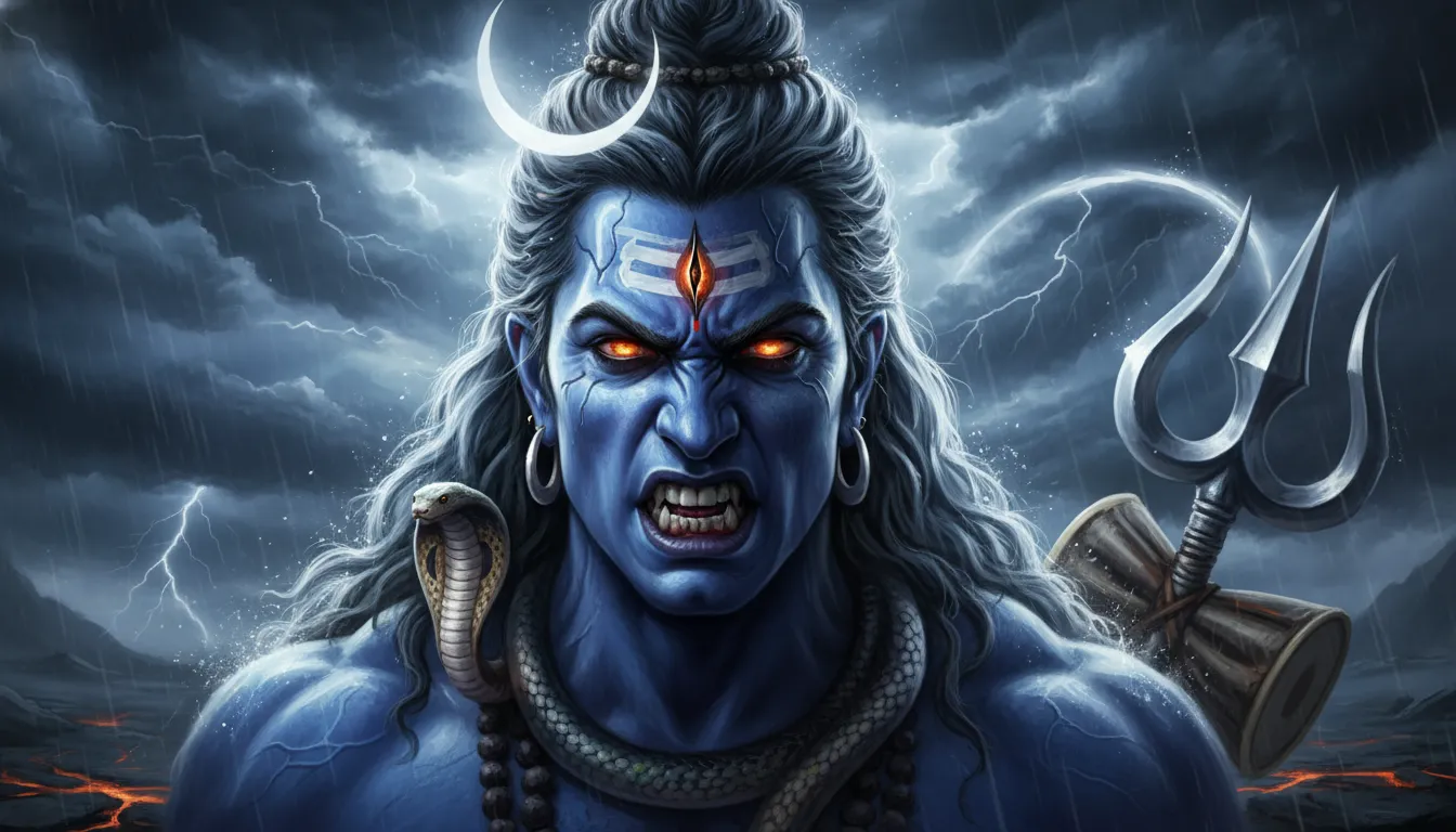 Intense blue-skinned Lord Shiva with a fierce expression and dark clouds.