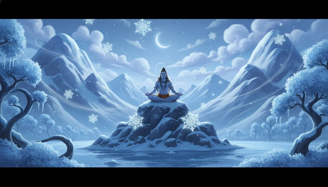 Lord Shiva meditating on a mountain with animated snowflakes falling.