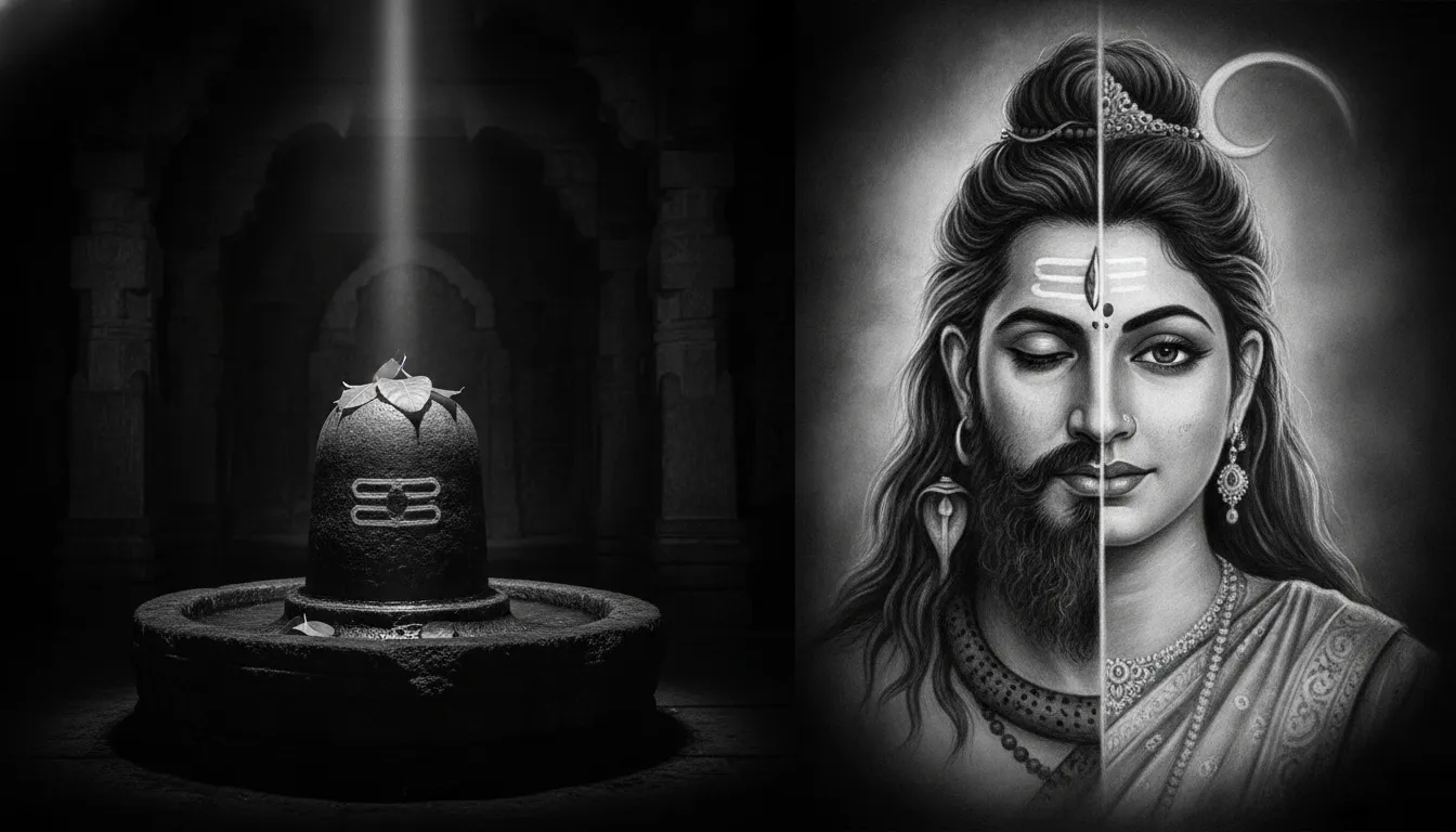 A gentle and kind black and white portrait of Lord Shiva smiling.