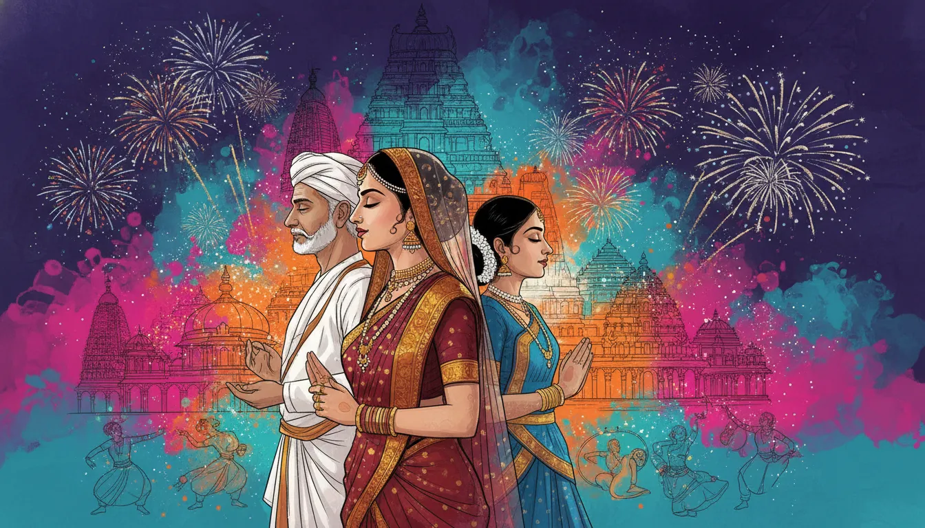 illustrated figures with traditional attire alongside temple sketches and festive elements