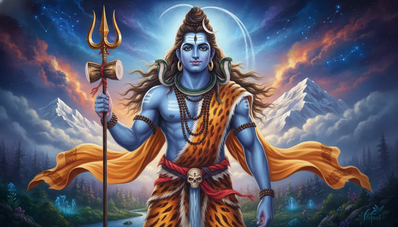 A digital painting of Lord Shiva holding a trident with flowing hair, crescent moon, snake, and sacred beads.