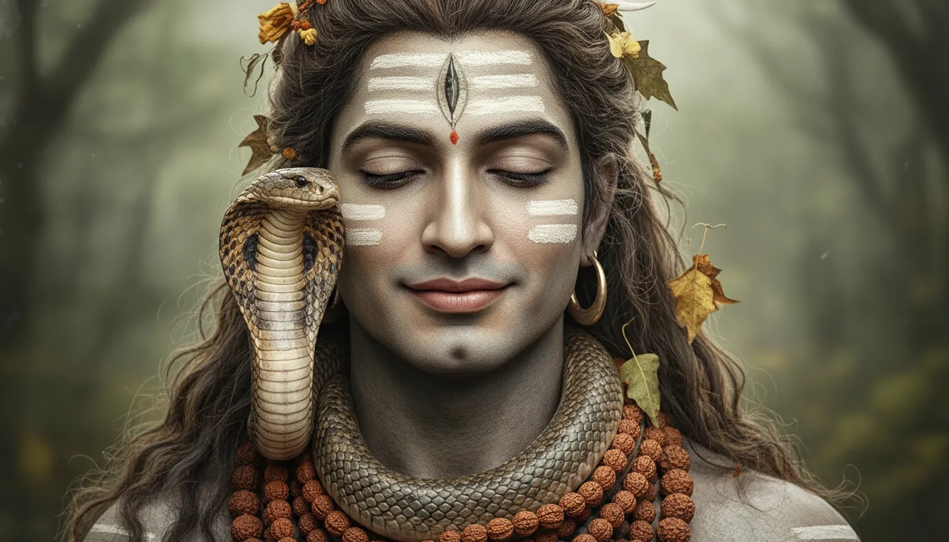 A detailed close-up of Lord Shiva in his ascetic form, adorned with snakes and many rudraksha bead necklaces.