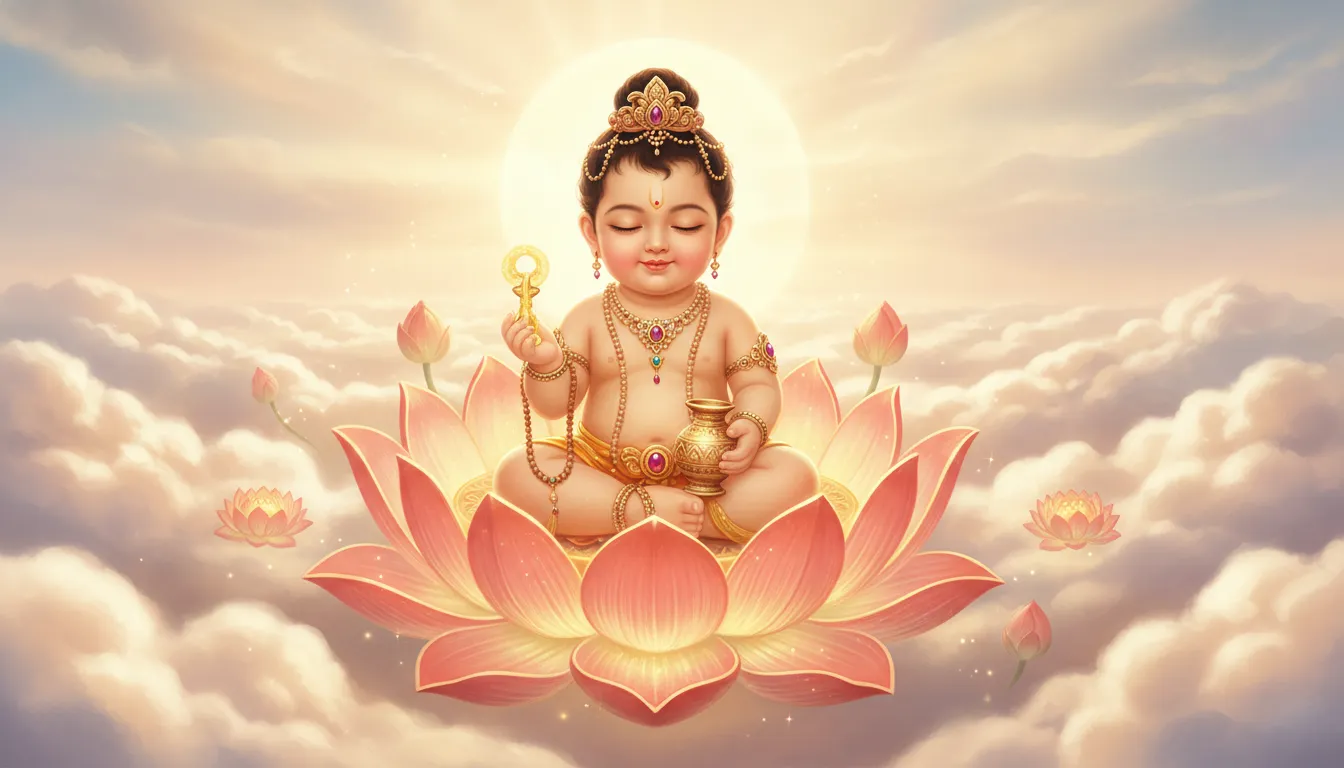 baby Ganesha sitting on glowing lotus surrounded by clouds and warm light