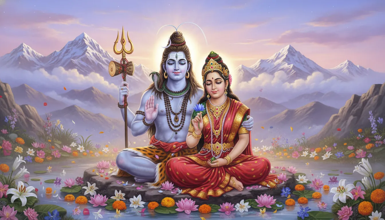Beautiful Lord Shiva and Parvati image with peaceful spiritual background