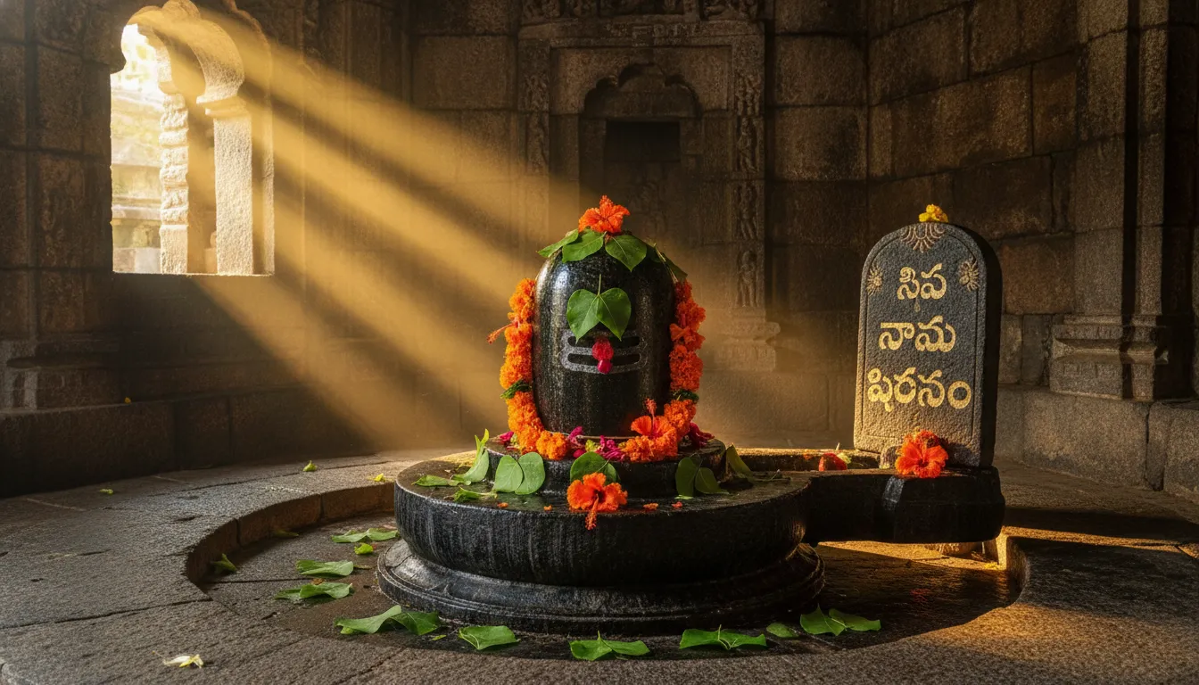 Decorated Shiva Lingam with flowers and morning Telugu devotional text.