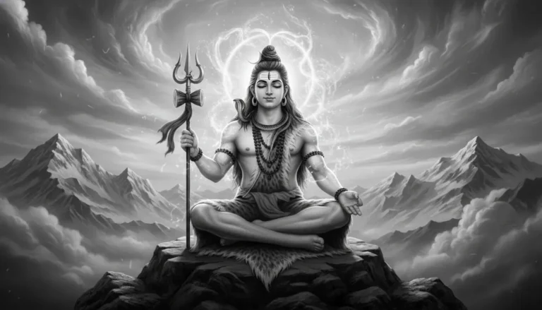 Lord Shiva in black and white devotional artwork with trident and Himalayan mountains