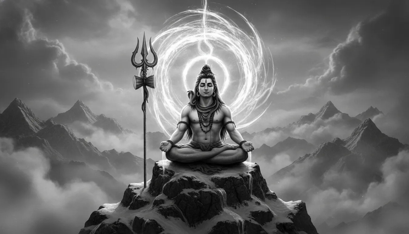 Black and white Lord Shiva sitting in meditation with snowy mountains and trident