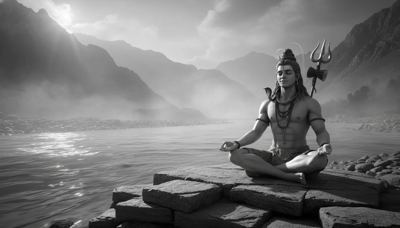 Lord Shiva black and white image sitting near a sacred river with mountain background