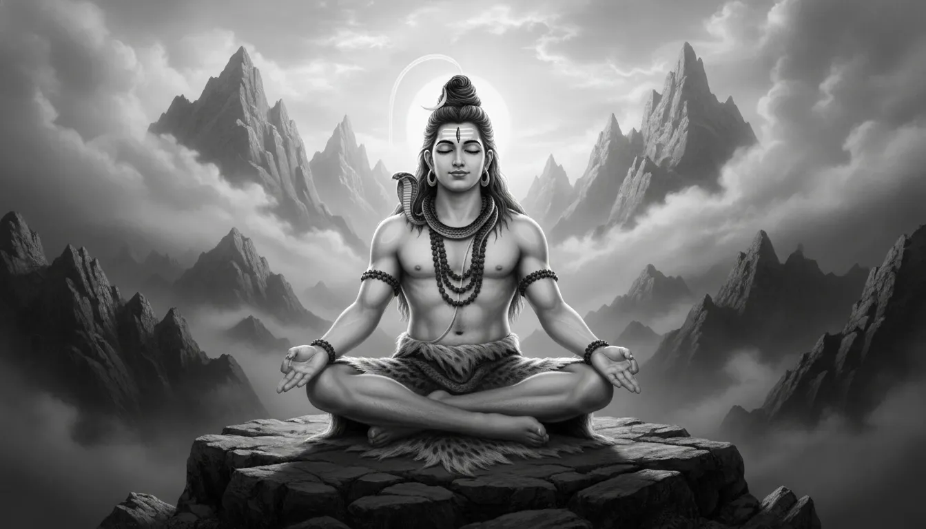Lord Shiva sitting peacefully in deep meditation with mountains and clouds