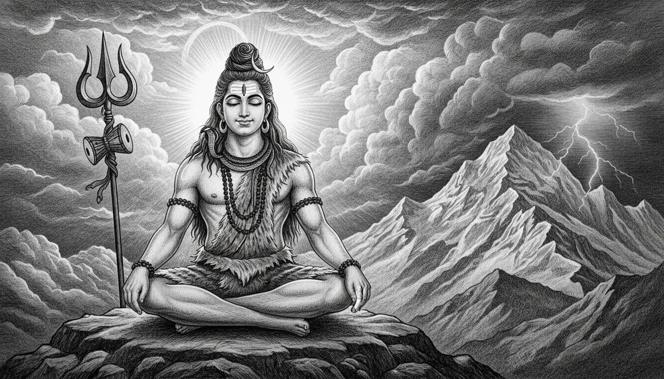 Lord Shiva meditating under a stormy sky with mountains in the background