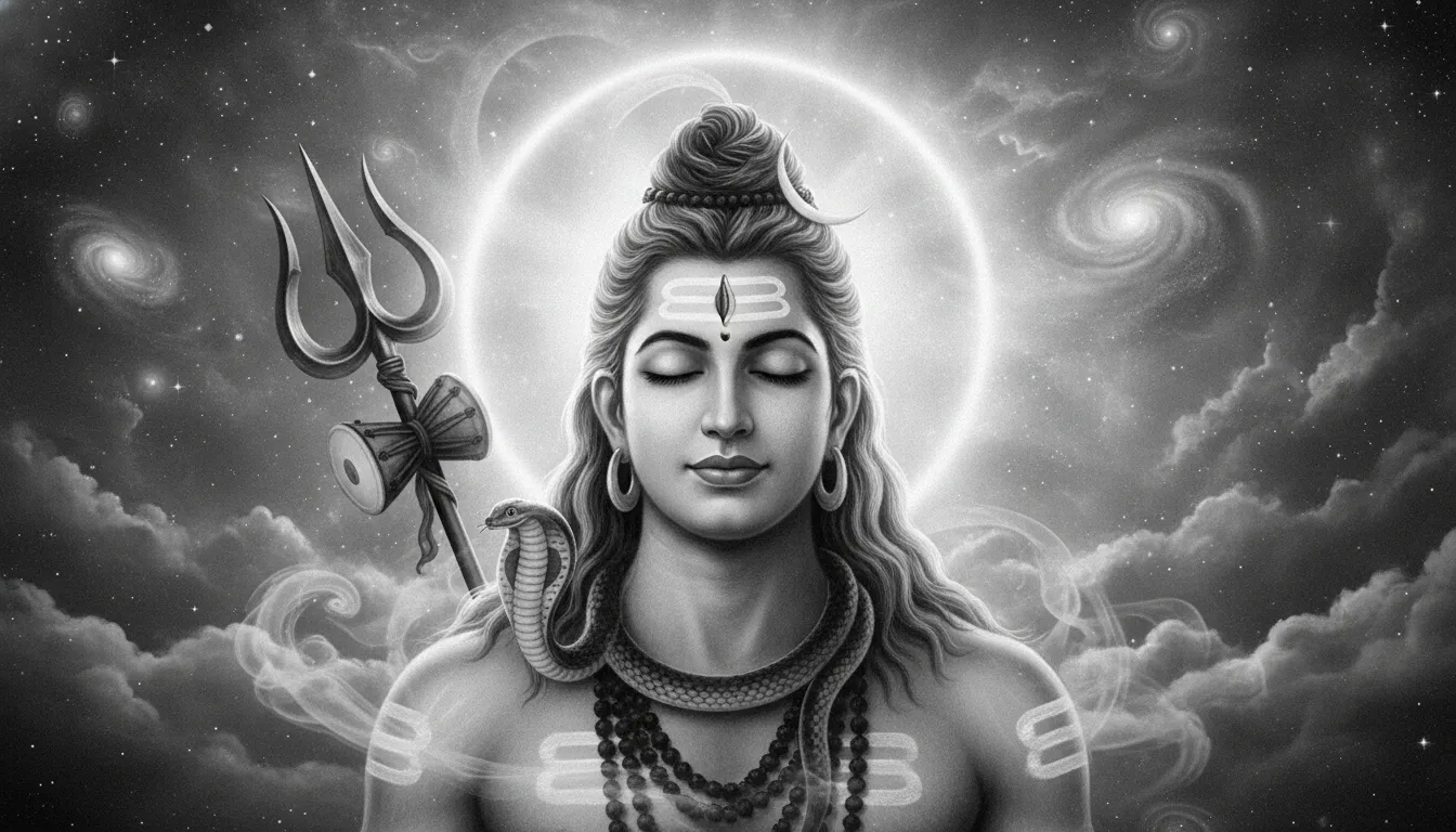 Lord Shiva meditating with a bright circular aura in a black and white cosmic sky