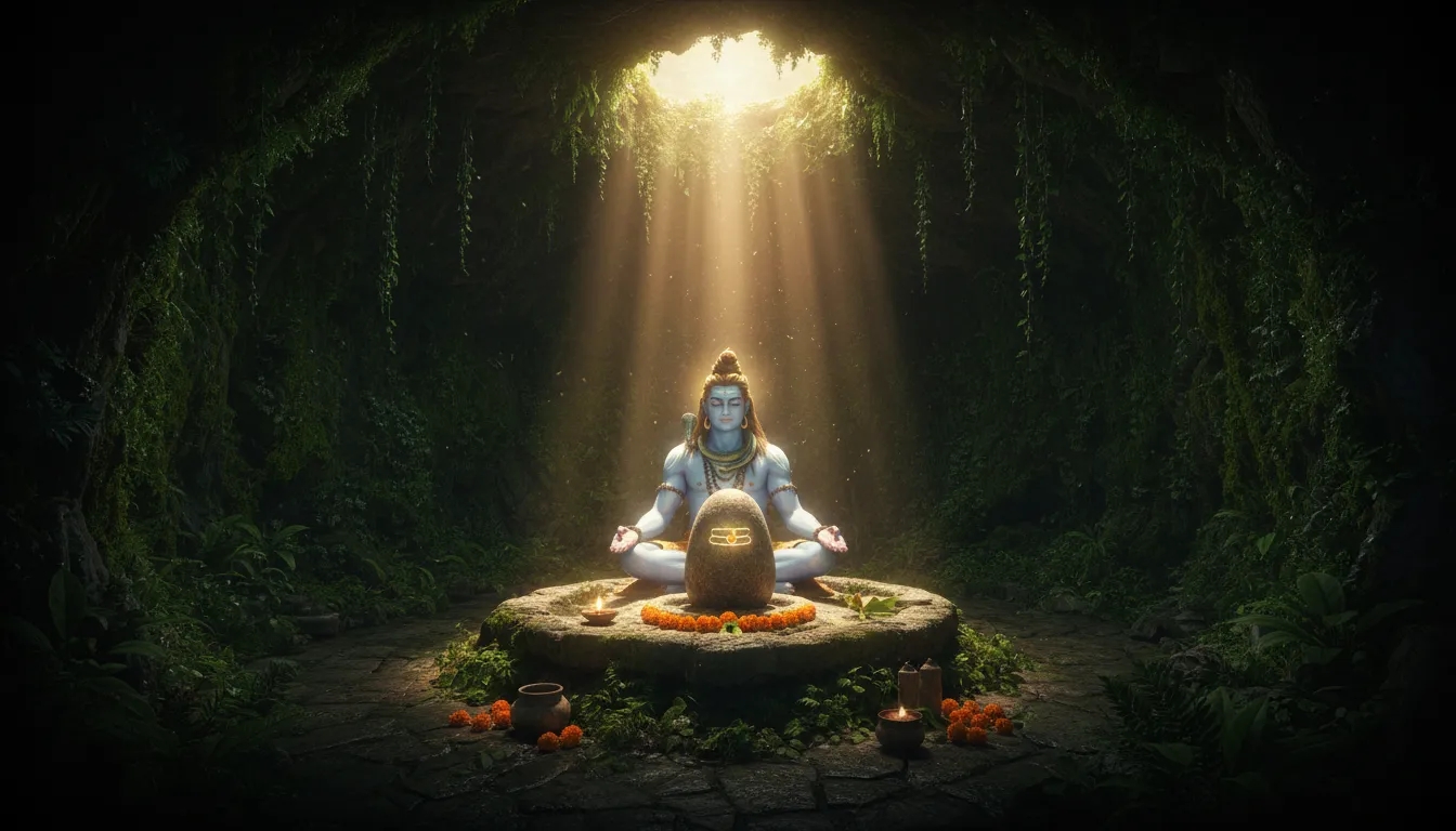 A mystical image of Lord Shiva sitting in a quiet cave, facing a glowing Shivaling with offerings.