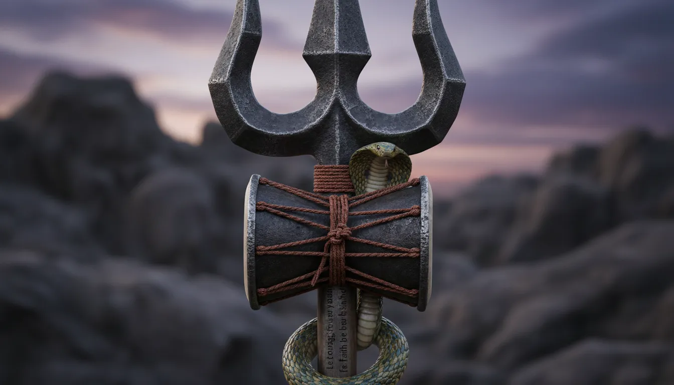 A detailed macro-shot of Lord Shiva's Trishul (trident), with a damaru (drum) and a snake wrapped around it, standing against a dark mountain background.
