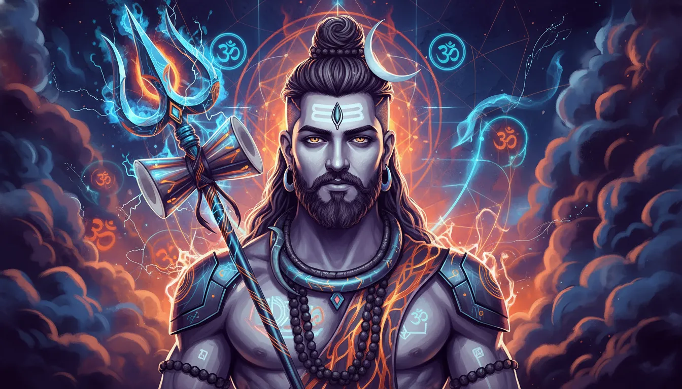 Stylized digital art of Lord Shiva with a modern look, vibrant glowing elements, and geometric patterns. Cool and unique DP for WhatsApp.
