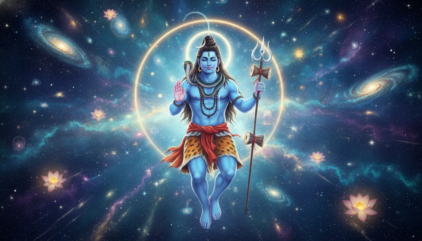 Digital artwork of Lord Shiva with blue skin, trishul, serpent around the neck, and a glowing cosmic background.
