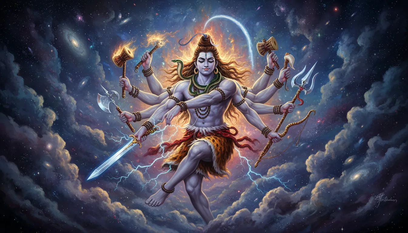 A dramatic and dynamic image of Lord Shiva in his fierce Rudra avatar, performing a celestial dance in space.