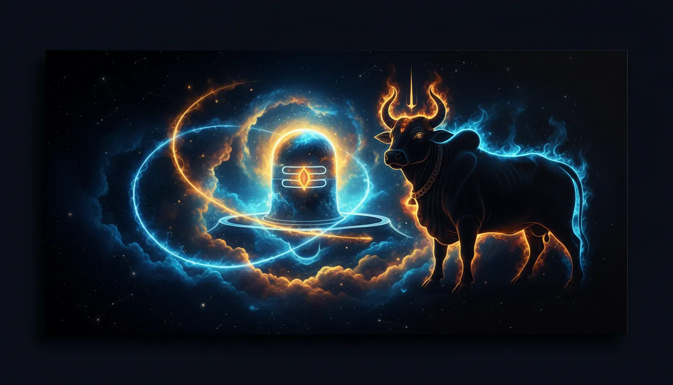 Abstract artistic representation of Shiva Lingam and Nandi with cosmic energy vibes.