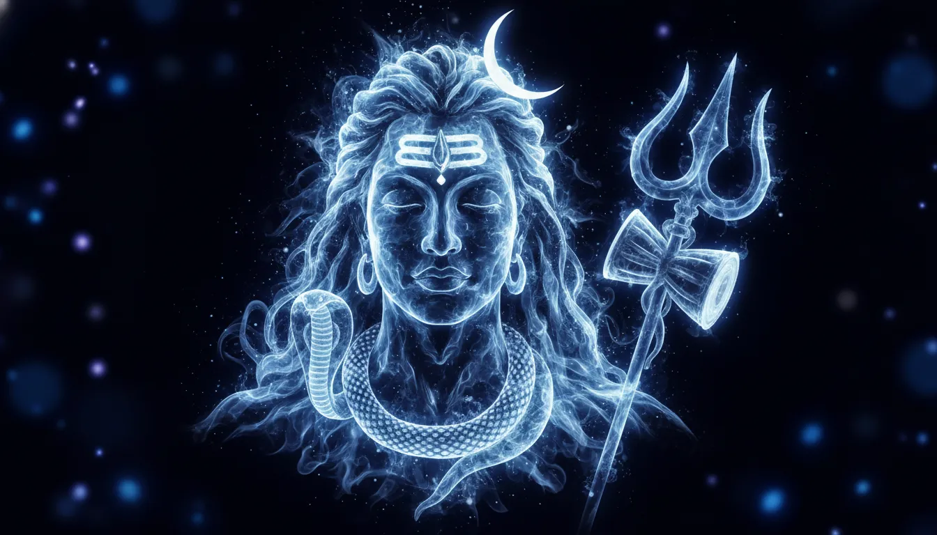 Artistic representation of Lord Shiva's face formed from ethereal blue smoke, glowing against a dark background. Artistic DP for WhatsApp.