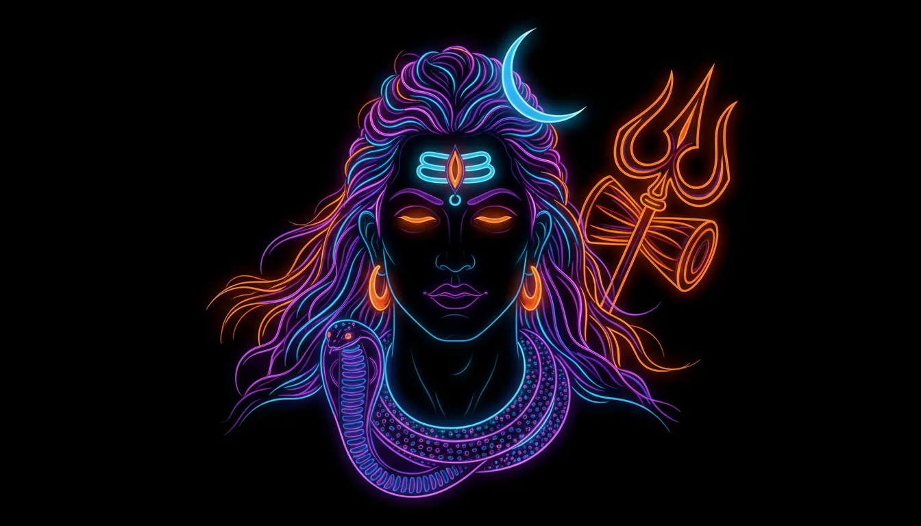 Abstract neon Lord Shiva face with glowing blue and purple lights.