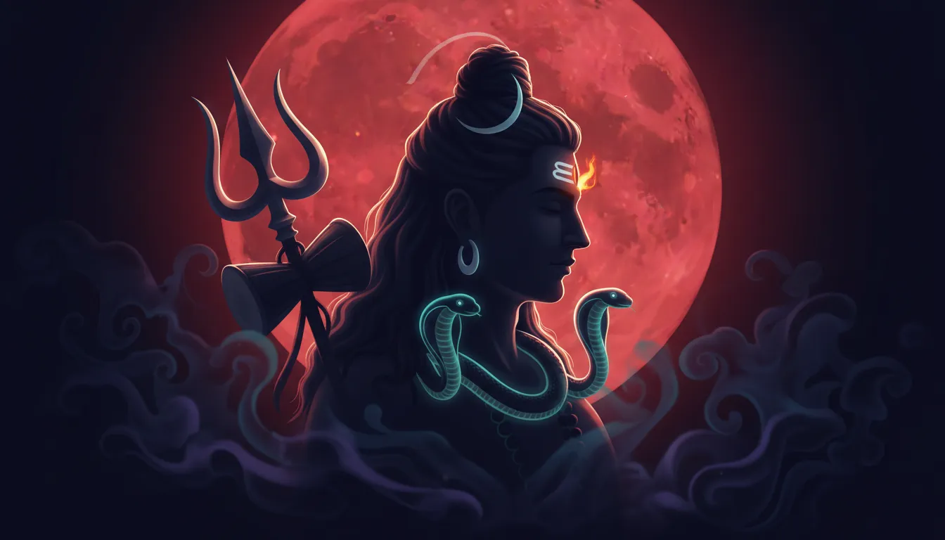 Minimalist dark silhouette of Lord Shiva with glowing third eye.