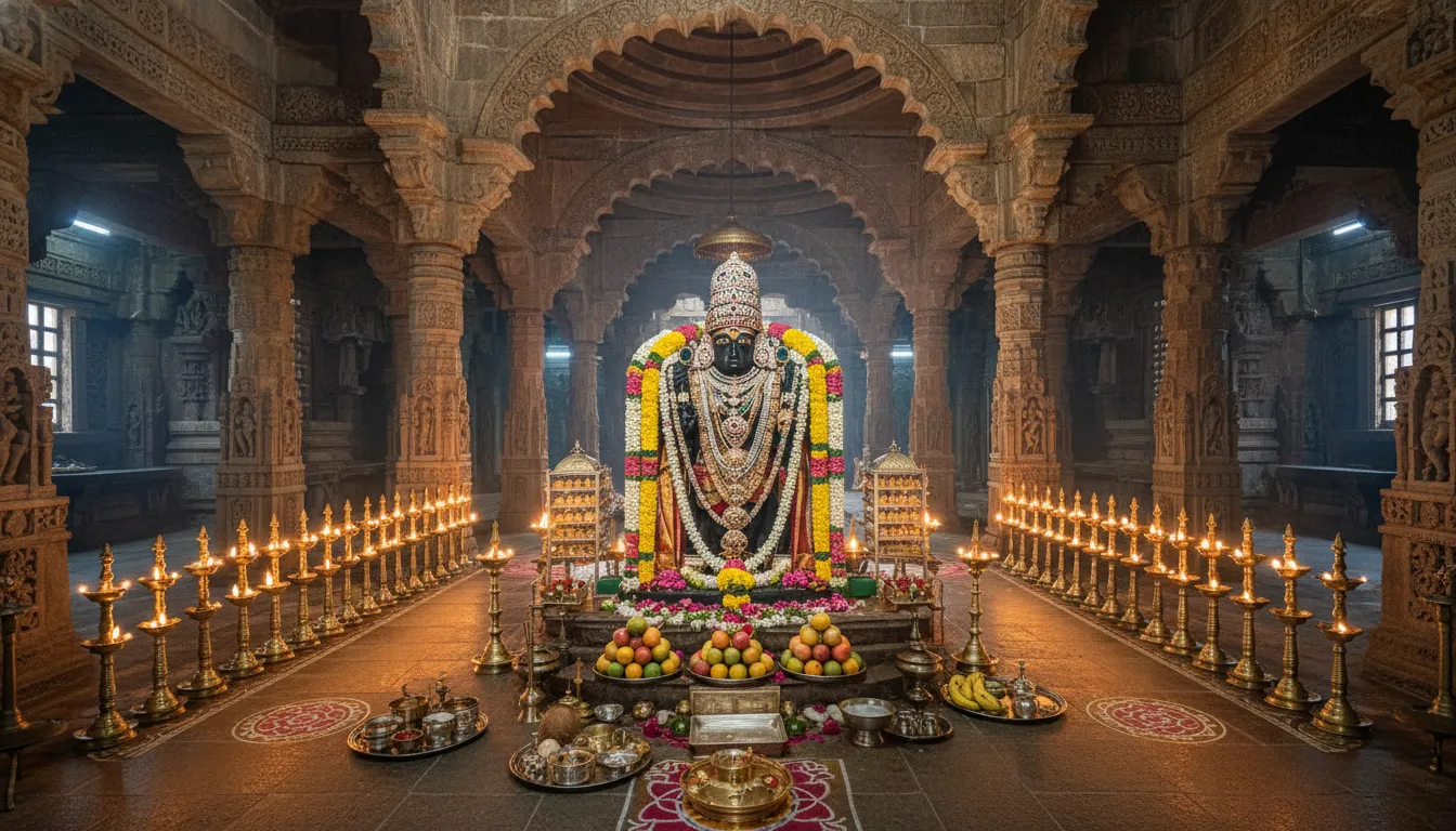 richly decorated Hindu temple idol surrounded by oil lamps and offerings