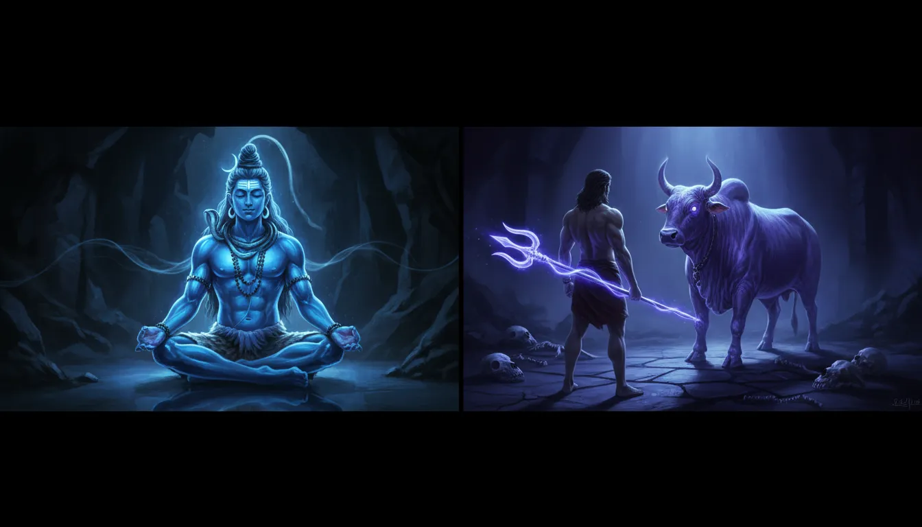 Back view of a standing figure holding a trident while facing a giant sacred bull in glowing blue light.