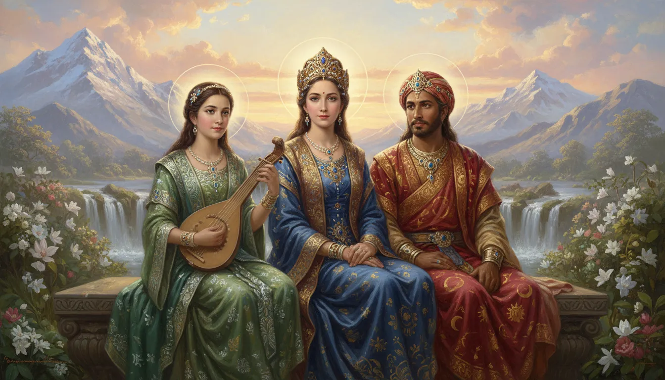 divine family figures seated together in traditional attire with mountains in background
