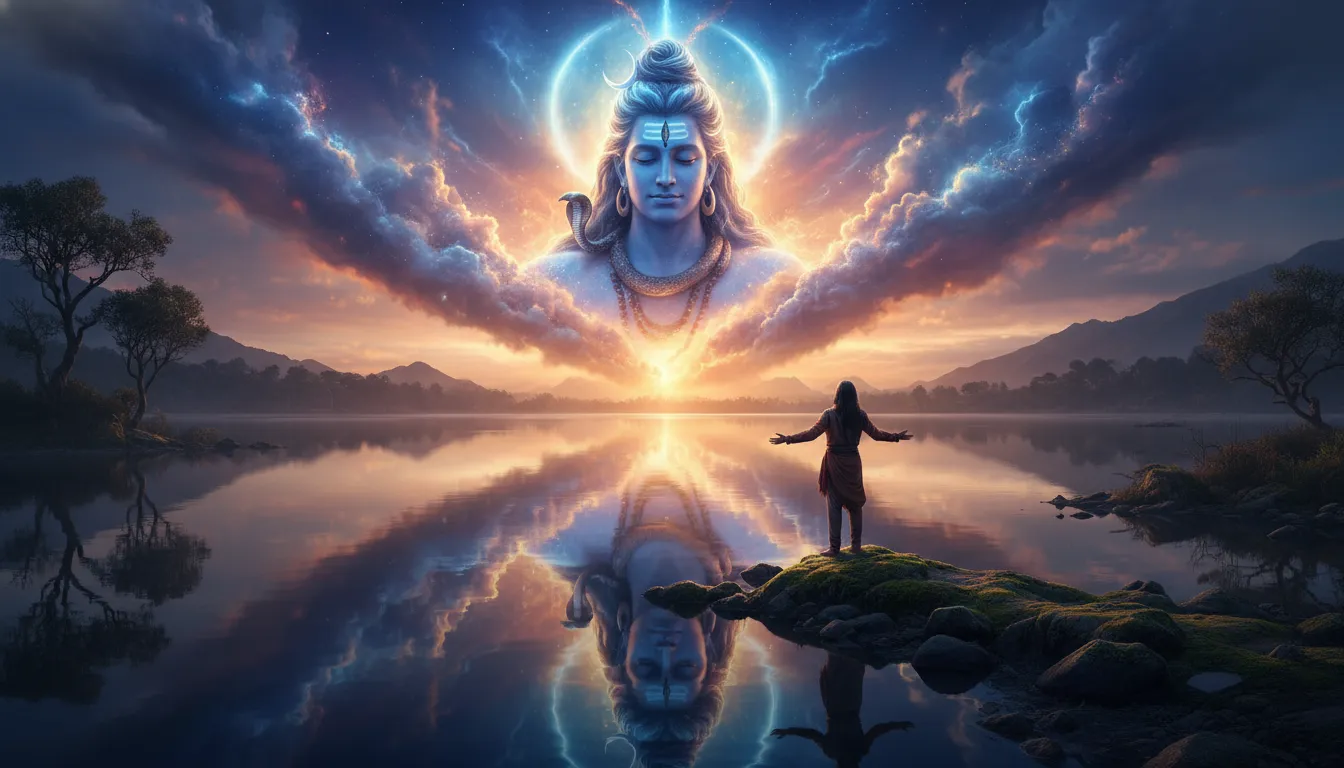 Large Shiva form in sky above water with female devotee standing on rock reflection visible