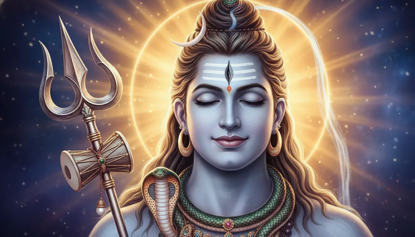 Close-up of Shiva face with golden aura trident and spiritual markings