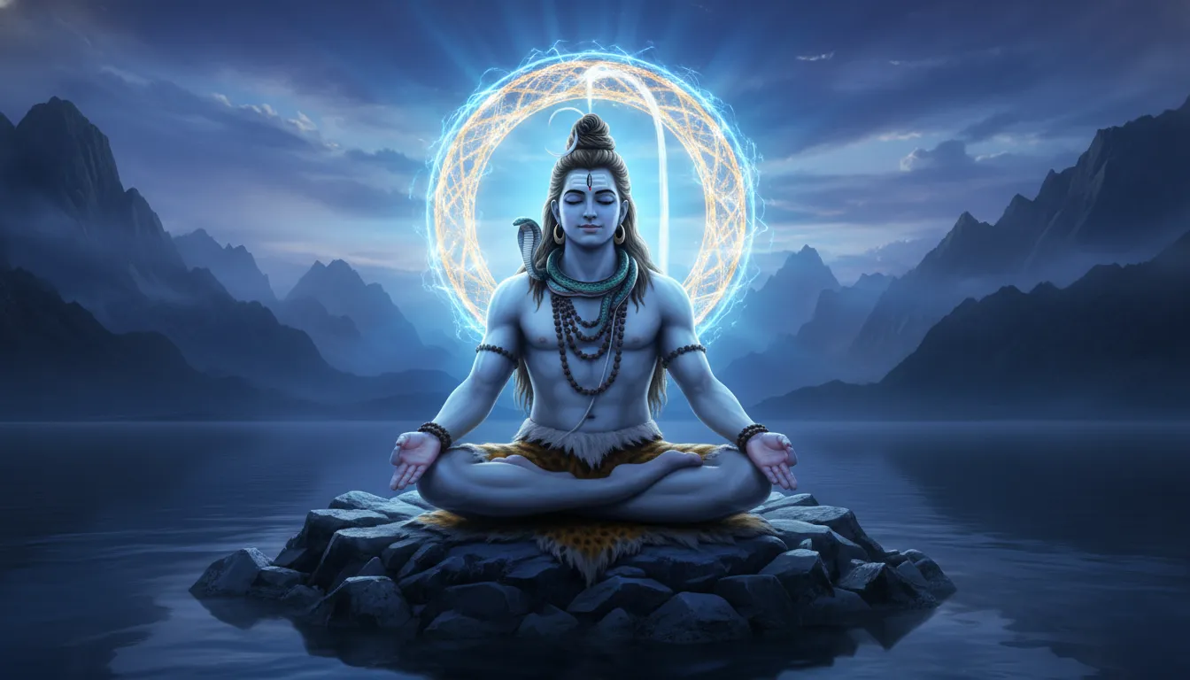 Detailed blue Shiva illustration in a meditative pose with jewelry, halo, and water reflections.