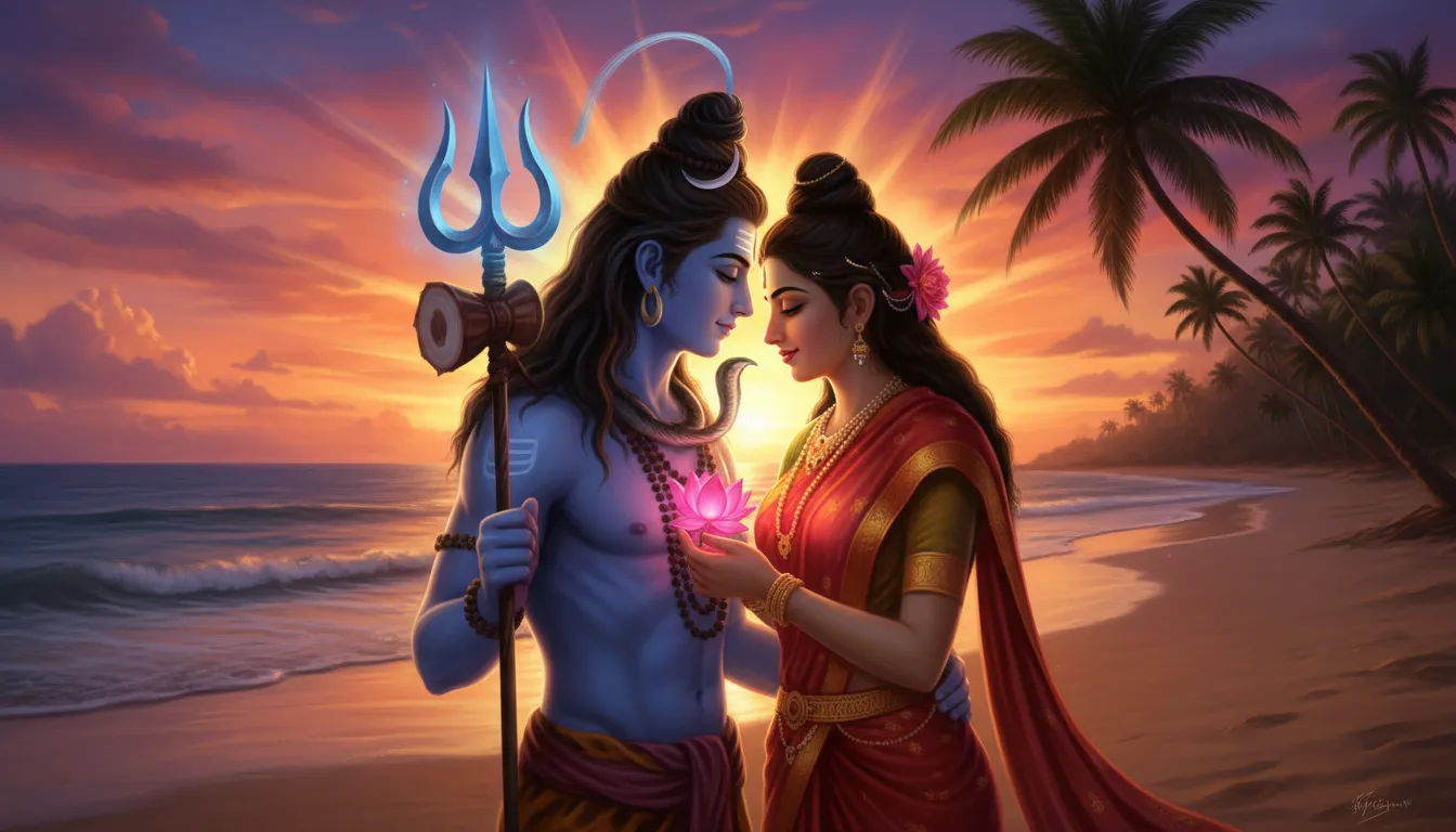 Devotional illustration of Lord Shiva and Goddess Parvati looking at each other during sunset.