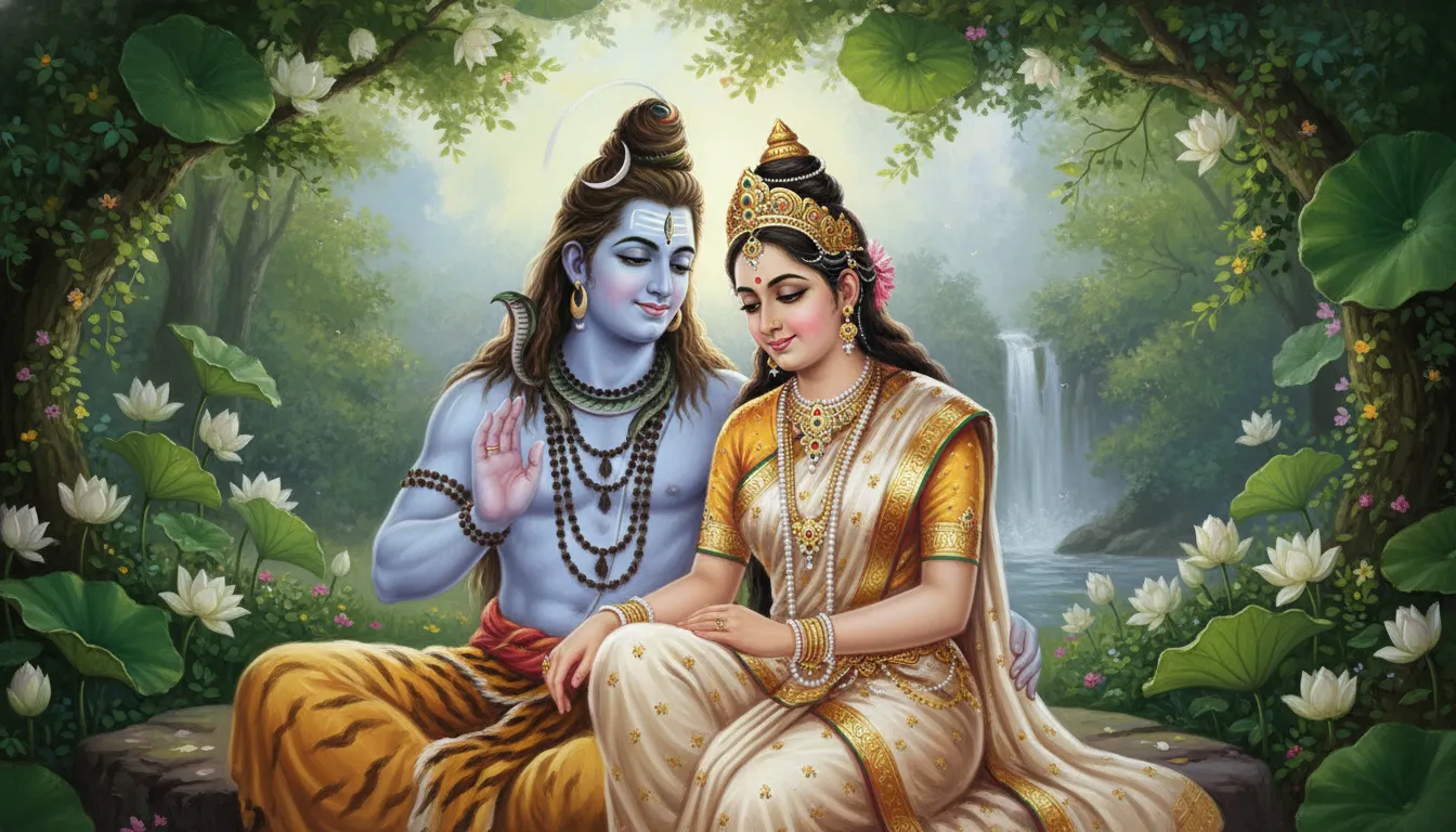 A classic painting of Lord Shiva and Goddess Parvati sitting together in a romantic and peaceful setting.