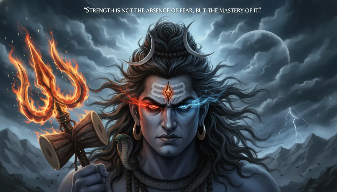 A close-up, dramatic digital painting of Lord Shiva in His fierce Rudra avatar, with red-rimmed eyes and a powerful expression.
