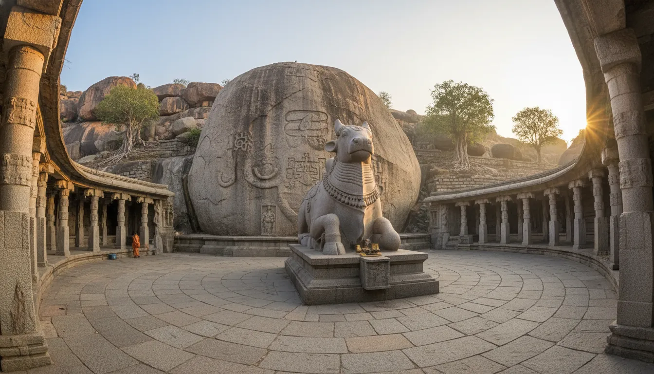 Huge stone-carved Shiva Lingam and Nandi in a grand courtyard.