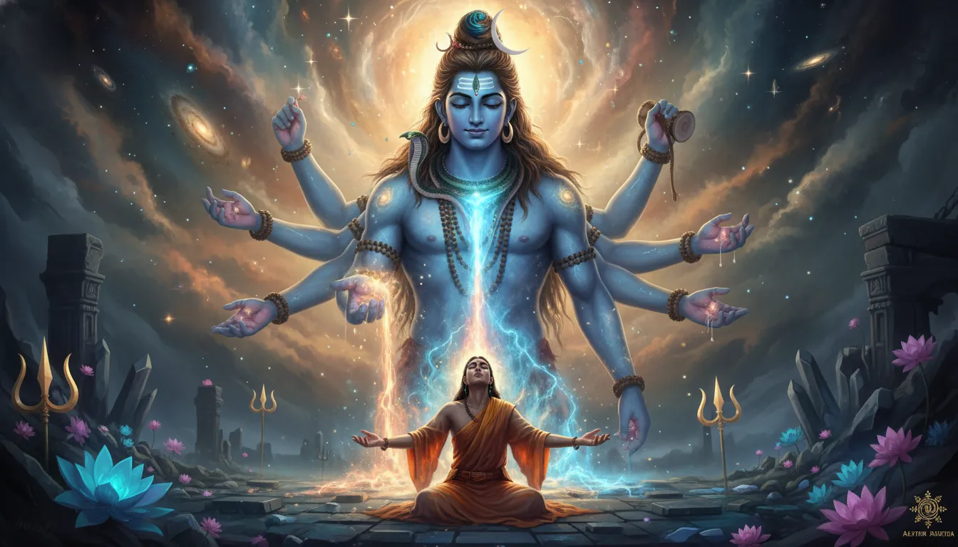 giant Lord Shiva in sky blessing woman spiritual surreal scene