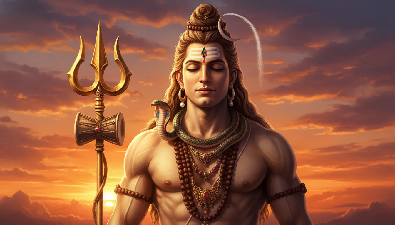 Close-up artistic portrait of Shiva holding a trident in warm sunset light.