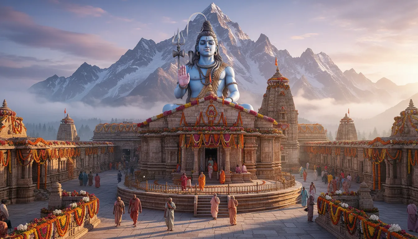 Large Hindu temple decorated with flowers with Shiva statue and mountain in background