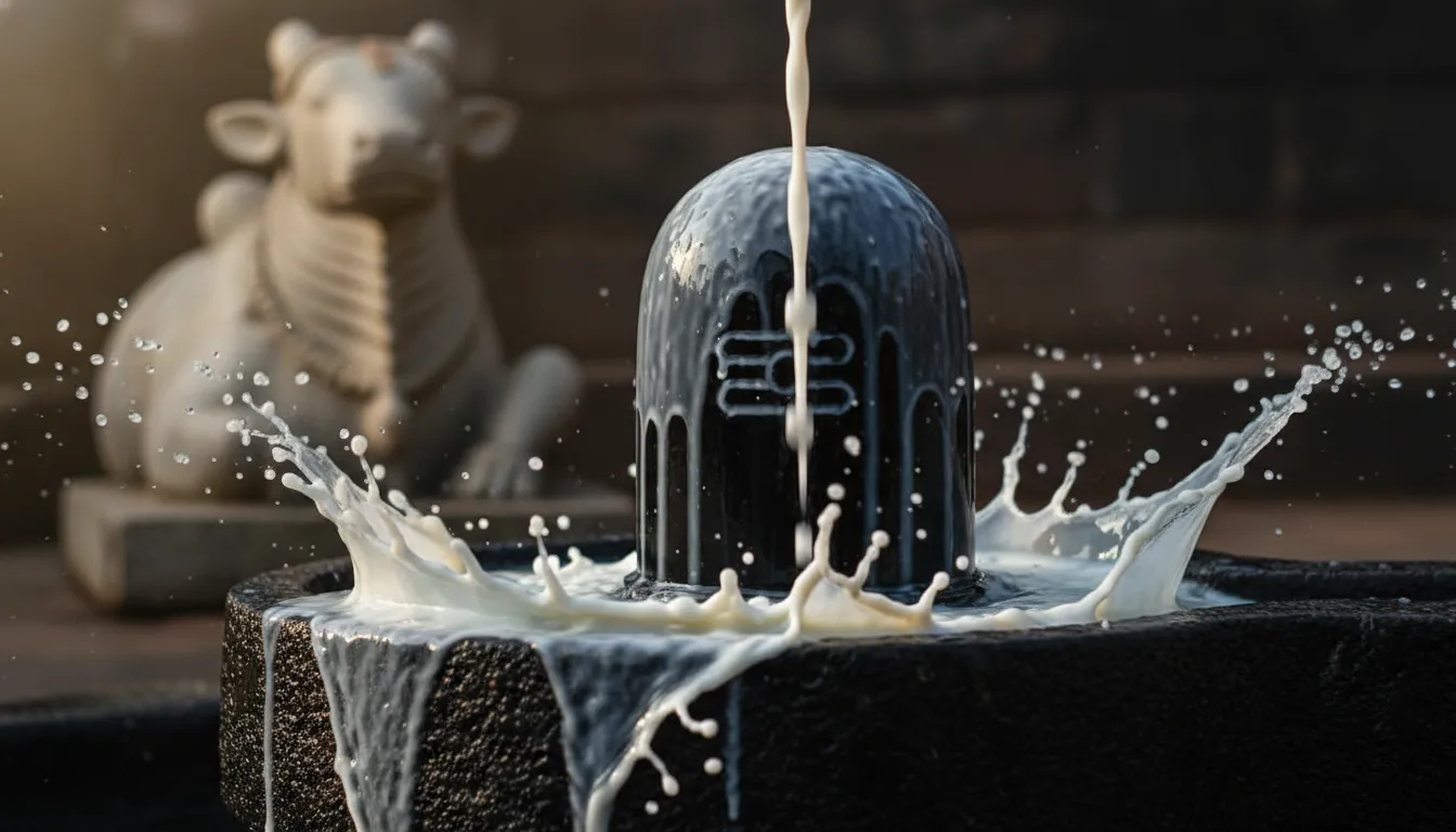 Milk and water being poured over a Shiva Lingam with Nandi watching.