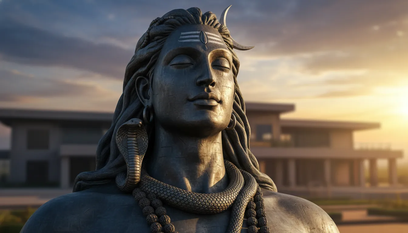 High-definition close-up portrait of the massive Adiyogi Shiva statue, representing the first yogi. Inspiring and focus-building DP.