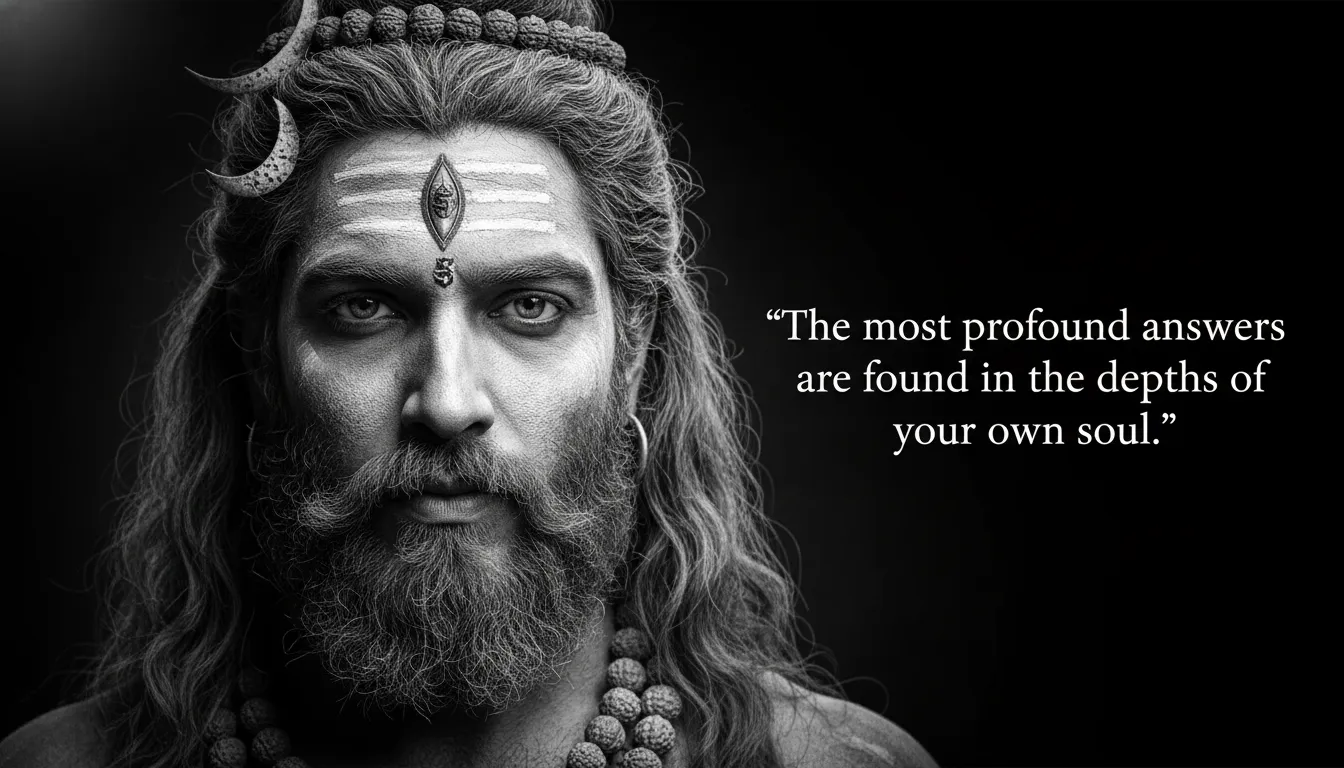 A deep-focused, black and white portrait photo of Lord Shiva, with a sharp focus on His eyes and the third eye, looking straight ahead.