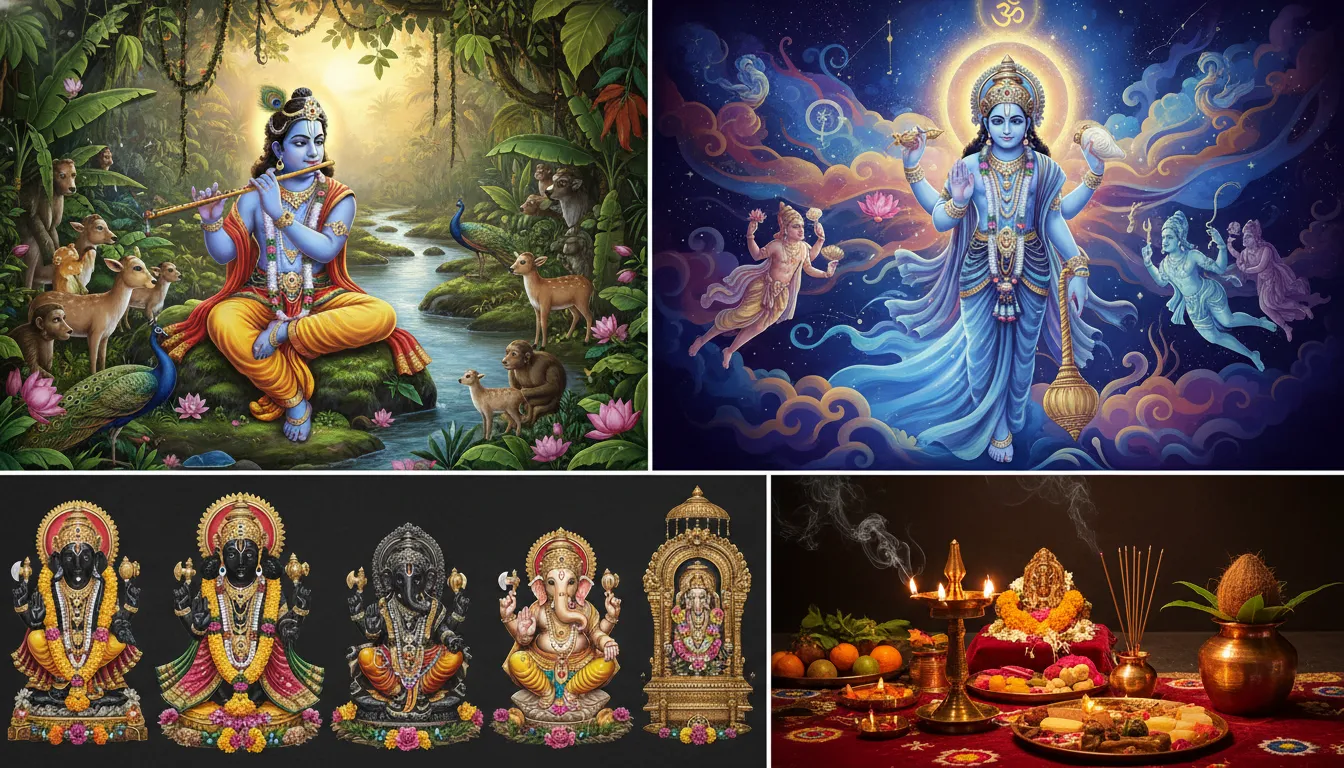 collage of Krishna playing flute in forest and temple devotional scenes