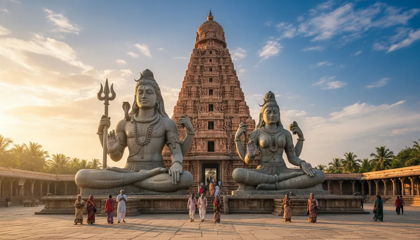 Huge Shiva and Parvati statues in front of intricately carved Hindu temple with devotees