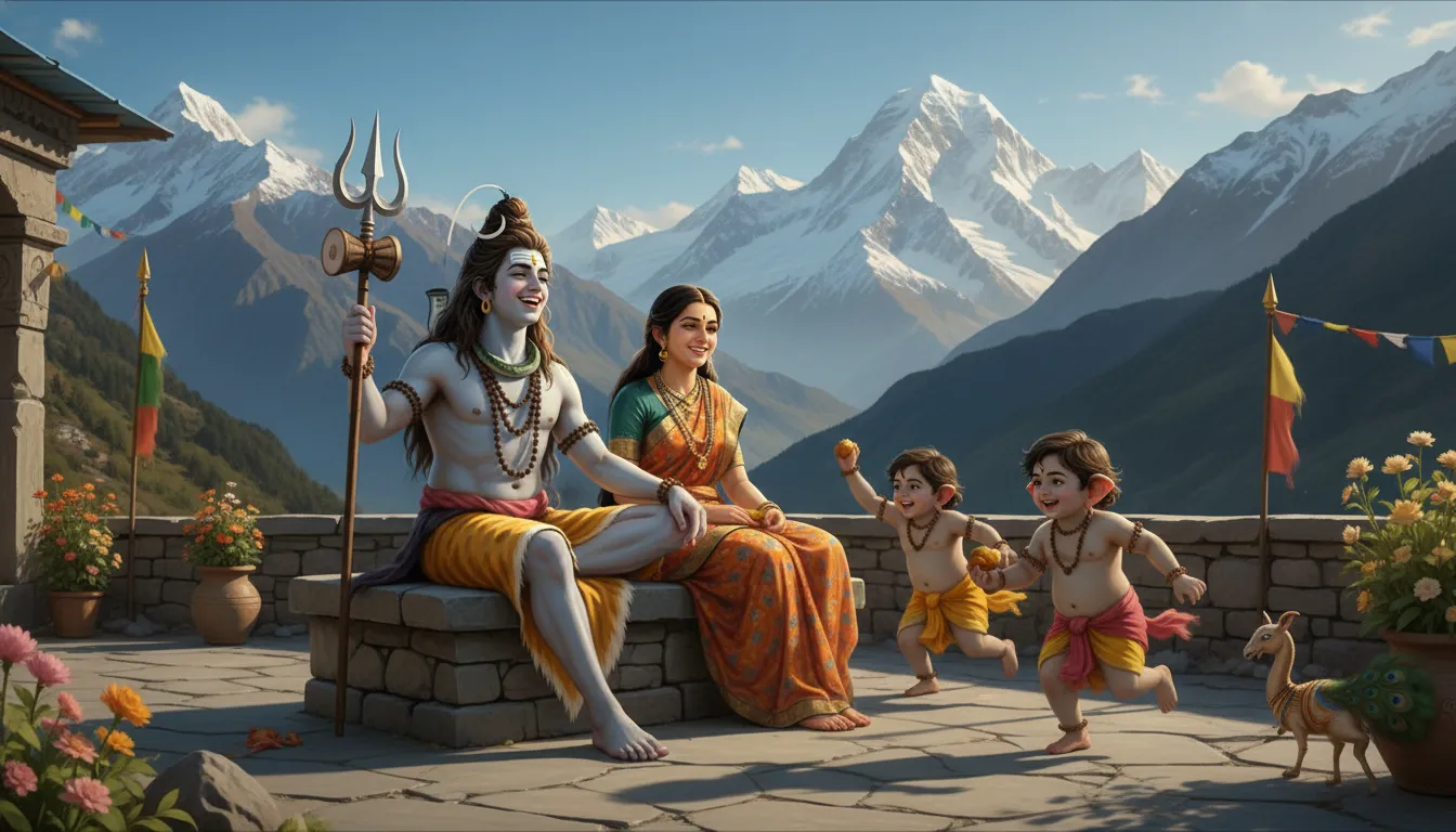 Playful scene of young Ganesha and Kartikeya with parents Shiva and Parvati.