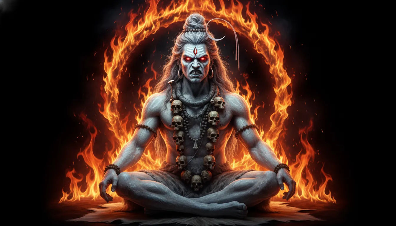Lord Shiva covered in sacred ash with fire background in HD.