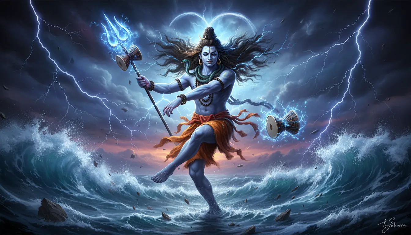 Lord Shiva performing the dance of destruction (Tandava) in a storm.