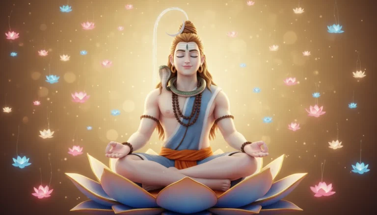 Lord Shiva meditating on a giant glowing lotus flower in animation.