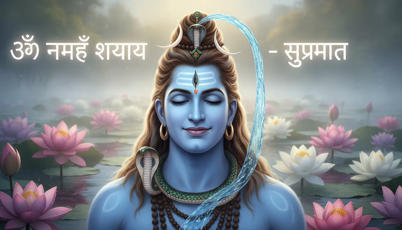 Smiling Lord Shiva portrait with morning dew and Hindi text.