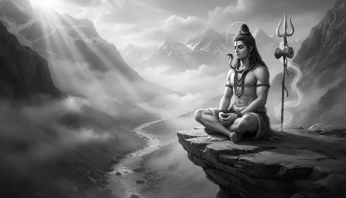 Lord Shiva black and white image with trident, damru, waterfall, and Himalayan mountains
