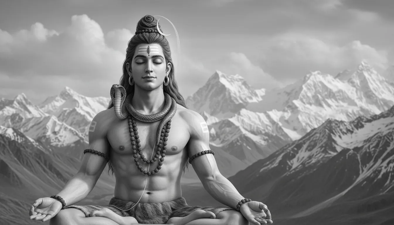 Lord Shiva meditating near a waterfall with trident and misty mountains